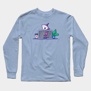 Cat With Laptop Cartoon Vector Icon Illustration Long Sleeve T-Shirt